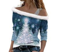 Christmas Jumpers for Women Off Shoulder Wine Glass Print Oversized Sweatshirt Funny Novelty Xmas Print Tops for Women UK Long Sleeve Cold Shoulder Holiday Shirts Casual Loose Ladies Sweater Blouse