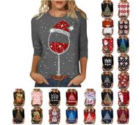 Christmas Jumpers for Women Plus Size - Christmas Sequin T Shirts for Women UK - Glitter Xmas Tree Print 3/4 Sleeve Tops Cotton Crewneck Pullover Blouse Tshirt Xmas Jumpers Funny Sweatshirts