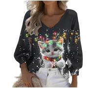 Christmas Jumpers for Women Plus Size Long Sleeve Waffle Knit Sweater Cute Novelty Cat Dog Xmas Tree Print Tops Pullover Casual V Neck T Shirt Loose Sweatshirt Elegant Blouses for Holiday
