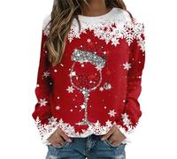Christmas Jumpers for Women Ugly Christmas Jumper Christmas Jumper Women Xmas Long Sleeve Top Wine Glass Printed Sweatshirt Christmas Cute Xmas Pullover Ladies Funny Christmas Clothes for Adults Party
