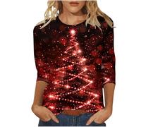 Christmas Jumpers for Women Uk,Christmas Jumpers for Women Glitter Xmas Tree Print Plus Size Ladies Xmas Sweatshirts Pullover Tops Cotton Crewneck Pullover Blouse Casual Clothing Red Xl