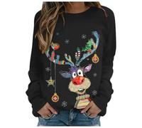 Christmas Jumpers for Women UK Cute Reindeer Print Sweatshirt Ugly Sweater Long Sleeve Pullover Loose Funny Christmas Jumpers Plus Size Crew Neck Fashion Tops Ladies 2025 Winter Jumper Outwear Black