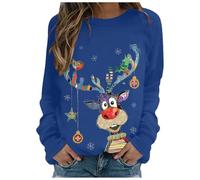 Christmas Jumpers for Women UK Cute Reindeer Print Sweatshirt Ugly Sweater Long Sleeve Pullover Loose Funny Christmas Jumpers Plus Size Crew Neck Fashion Tops Ladies 2025 Winter Jumper Outwear Blue