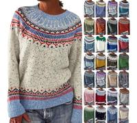 Christmas Jumpers for Women Winter Xmas Jumper Crew Neck Fair Isle Patterned Sweater Snowflake Wool Knitted Jumpers Vintage Ethnic Style Sweatshirts Casual Pullover Long Sleeve Tops Knitwear