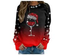 Christmas Jumpers Merry Christmas Print Pullover Sweatshirt Tops Round Neck Fit Casual Long Sleeve Loose Blouse Red Wine Glass Pattern Little Terry M