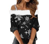 Christmas Jumpers Stylish for Women UK Off Shoulder Christmas Jumper Fur Trim Pullover Sweater Long Sleeve Cold Shoulder Blouse Tops Snowflakes Christmas Tree Graphic Print Pullover Jumpers A-Black