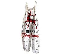 Christmas Jumpsuit For Women Uk Women Christmas Print Dungarees Casual Loose Plus Size Sleeveless Jumpsuits All-Match Print Retro Overalls Jumpsuit White