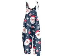 Christmas Jumpsuit For Women Uk Women Christmas Print Dungarees Casual Loose Plus Size Sleeveless Jumpsuits All-Match Print Retro Overalls Jumpsuit Navy