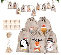 Christmas Jute Bags, 25 Small Christmas Drawstring Bags + 25 Clips + 10 m Twine with Christmas Print, Wear Resistant and Dust for Children's Sweets and Biscuits - 10 x 15 cm