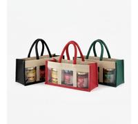 Christmas Jute Jar Gift Bag with Window - Holds 3 Small Jars or Candles - Red/Green/Black - Eco Reusable, Short Handles, 12 x 25 x 9 cm - Ideal for Jam, Honey, Wax Melts (Green)