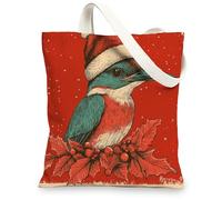 Christmas Kingfishers Bird Canvas Tote Bag for Shopping 13 * 15, Vintage Xmas Poinsettia Reusable Grocery Bag for Women, Winter Travel Painting Gift Decoration