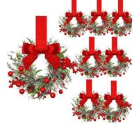 Christmas Kitchen Cabinet Wreaths, Small Christmas Wreath for Kitchen Cabinets, Red Berry with Red and Black Plaid Bow Farmhouse Wreath for Xmas Front Door Window Home Table Pillar Décor (01,6pcs)