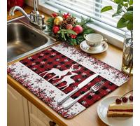 Christmas Kitchen Drying Mat 1 Pack, Pair of Deers Snowflakes Red Black Plaid Band Absorbent Dish Drying Mat Drying Pad Drainer for Kitchen Counter Sink 16 X 18 Inch, Machine Washable