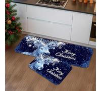 Christmas Kitchen Mats for Floor, Blue Deer Festive Cozy Mats, Cushioned Comfort Washable Non Slip Decor Rugs for Kitchen Sinks Laundryroom Bathroom 2pcs