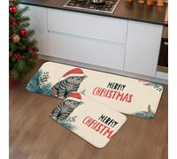 Christmas Kitchen Mats for Floor, Cute Cat Santa Design Soft Mats, Cushioned Comfort Washable Non Slip Decor Rugs for Kitchen Sinks Laundryroom Holiday 2pcs