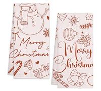 Christmas Kitchen Towels, Colorful Hand-Drawn Snowman Bow Gift Box Absorbent Hand Towels, Winter Holiday Decor for Farmhouse Home Kitchen Bathroom, Party Supplies Housewarming Xmas Gift, Set of 2-A06