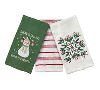 Christmas Kitchen Towels- Set of 3 100% Cotton Snowman Wine Snow is Falling Wine is Calling Print Red Stripe Holly Snowflake Design- 16 x 26 Multipurpose Towels for Everyday Use