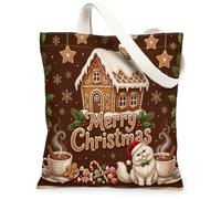 Christmas Kitten Cats Canvas Tote Bag for Shopping 13 * 15, Festive Candy House Reusable Grocery Shoulder Bag for Women, Xmas Painting Gift Decor