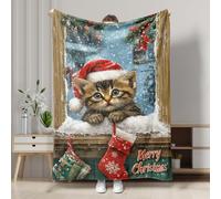 Christmas Kitten Fleece Blanket, Cute Cat Design Holiday Decor Throw Blanket, Xmas Soft Cozy Blanket for Sofa, Bed, All Season 50x60 Inch