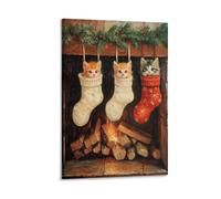 Christmas Kittens In Stockings Dark Moody Festive Fireplace Pet Wall Art Paintings Canvas Prints Poster Artwork for Living Room Bedroom Bathroom Office Home Decor 12x18inch(30x45cm)