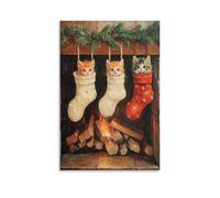 Christmas Kittens In Stockings Dark Moody Festive Fireplace Pet Wall Art Paintings Canvas Prints Poster Artwork for Living Room Bedroom Bathroom Office Home Decor 12x18inch(30x45cm)