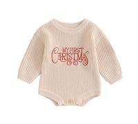Christmas Knitted Jumper Baby Girl Boy My First Christmas Outfit Oversized Sweater Romper Embroidered Knit Christmas Baby Grow Winter Knitwear (Curlicue My First Christmas Beige, 3-6 Months)