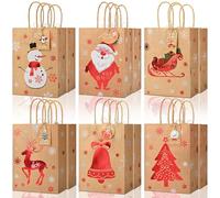 Christmas Kraft Gift Bags 12Pcs Small Xmas Wrapping Bags for Present, Goody Gift Wrap Treat Candy Packing with Tags & Red Foiling Design-Elk Santa Claus for Party Favors Present Decor Supplies