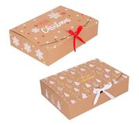 Christmas Kraft Gift Boxes Pack of 2 - Reusable Paper Cardboard Boxes Traditional Snowflake & Tree Designs, Eco Friendly Gift Packaging for Presents, Hampers & Festive Treats - 25cm x 18cm x 6cm