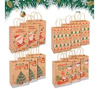 Christmas Kraft Paper Bags, SMALUCK 12 Pieces Xmas SMALL Assorted Paper Goodie Bags Bulk with handle for Christmas Party Favor Supplies 145x210x80 mm (Brown)