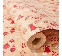 Christmas Kraft Wrapping Paper Roll, 15M Rustic Red Gift Wrapping Paper with Tree,Bells,Snow & Leaves,Vintage Gift Wrap for Holiday,Xmas, Winter Party Gifts (Red Bell)