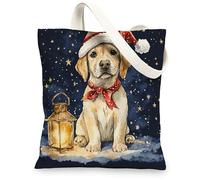 Christmas Labrador Retriever Dog Canvas Tote Bag for Shopping 13 * 15, Cute Xmas Stars Reusable Grocery Bag for Women, Pet Work Travel Painting Gift Decor