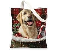 Christmas Labrador Retriever Dog Canvas Tote Bag for Shopping 13 * 15, Xmas Farmhouse Plaid Reusable Grocery Shoulder Cloth Bag for Women, Pet Painting Gift Decor