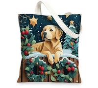 Christmas Labrador Retriever Dog Canvas Tote Bag for Shopping 13 * 15, Xmas Novelty Forest Reusable Grocery Shoulder Bag for Women, Pet Painting Gift Decoration