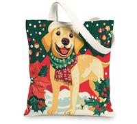 Christmas Labrador Retriever Dog Canvas Tote Bag for Shopping 13 * 15, Xmas Snow Poinsettia Puppy Reusable Grocery Bag for Women, Fun Kid Beach Aesthetic Painting Gift Decor