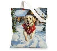 Christmas Labrador Retriever Dog Canvas Tote Bag for Shopping 13x15, Winter Snow Xmas Puppy Reusable Grocery Print Bag for Women Men, Holiday Pet Aesthetic Painting Gift Decor