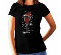 Christmas Large Wine Design Rhinestone Womens T Shirt - Xmas Sparkling Glass Crystals Design (UK, Numeric, 18, 20, Plus, Regular, Black)