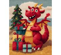 Christmas Latch Hook Rug Kits for Adult,Little red Dinosaur and Gift,DIY Rug Crochet Making Kits with Pre-Printed Canvas and Latch Hook Tool and Enough Yarn,55x75cm