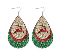 Christmas Leather Earrings Shiny Double Layer Holiday Earrings Christmas Tree Deer Gift Snowflakes Earrings Glitter Leather Holiday Jewelry Gift, Leather, No Gemstone