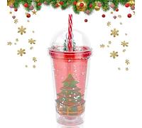 Christmas LED Glitter Plastic Drink Glasses - 450ml Double Walled Ice Cold Cup with Straw and Lid - Christmas Tree Straw Cup for Kids and Adults - Xmas Party
