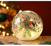 Christmas LED Light Up Crackle Effect Ball Globe Robin Holly Fir & Berries 15cm Globe