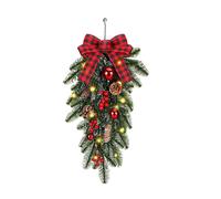 Christmas LED Teardrop Swag Wreath with Berries, Pinecones & Plaid Bow - 21.6 in, for Door, Wall, Stairs Decor