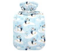 Christmas Light Blue Penguin and Snow Cute Hot Water Bottle with Soft Cover, 1L Water Bags for Hand Feet Warmer