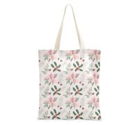Christmas Light Pink Poinsettia Holly Pinecone Medium Canvas Tote with Pockets Reusable Shopping Book Bag for Women