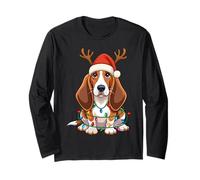 Christmas Light Reindeer Santa Hat Basset Hound Xmas Long Sleeve T-Shirt