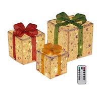 Christmas Lighted Boxes 3Pcs 6, 8, 10 Inch Light Up Boxes with Remote Control Star Design Xmas Present Box Ornament for Yard Light Up