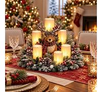 Christmas Lighted Centerpiece with Flameless Candle Glow, Reindeer Decor | Festive reindeer table centerpiece with flameless candle glow, Christmas Gif for dining table and mantel holiday decor.