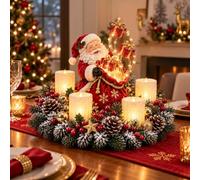Christmas Lighted Centerpiece with Flameless Candle Glow | Resin Holiday Table Decor with Frosted Greenery & Red Berries, Fireplace Mantel, Entryway Console Home Christmas Decoration