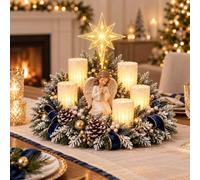 Christmas Lighted Centerpiece with Flameless Candle Glow | Resin Holiday Table Decor with Frosted Greenery & Red Berries, Fireplace Mantel, Entryway Console Home Christmas Decoration