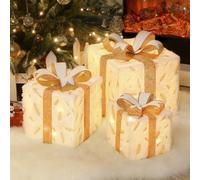 Christmas Lighted Gift Boxes, 3 PCS Outdoor Indoor Christmas Decorations with Remote Control, USB Plug in Present Decoration, Xmas Holiday Decor for Home Porch Lawn, White & Golden Feather