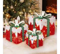 Christmas Lighted Gift Boxes, 3 PCS Outdoor Indoor Christmas Decorations with Remote Control, USB Plug in Present Decoration, Xmas Holiday Decor for Home Porch Lawn, Red